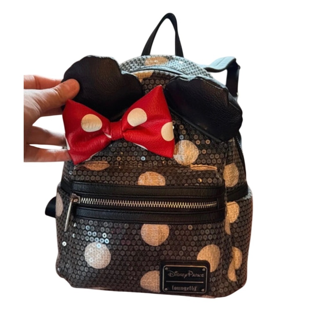 Disney Parks Loungefly Minnie Mouse Sequin Polka Dot Mini Backpack Black Red Bow